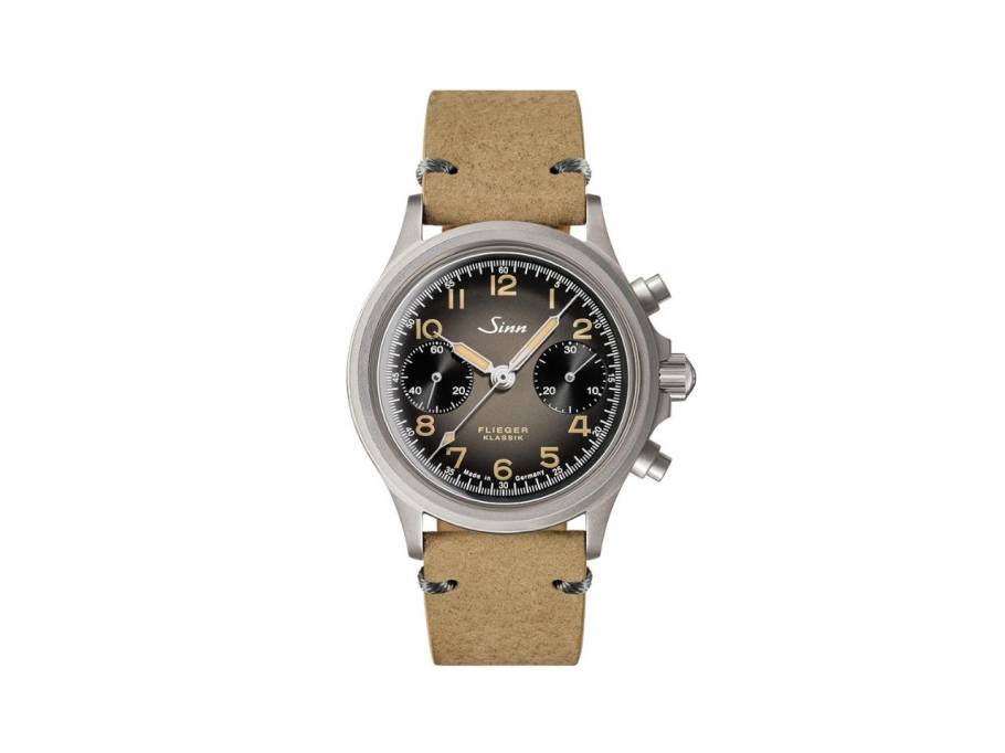 356 FLIEGER Klassik AS E Chronograph Automatik Edelstahl 38,5mm graues Zifferblatt beiges Lederband