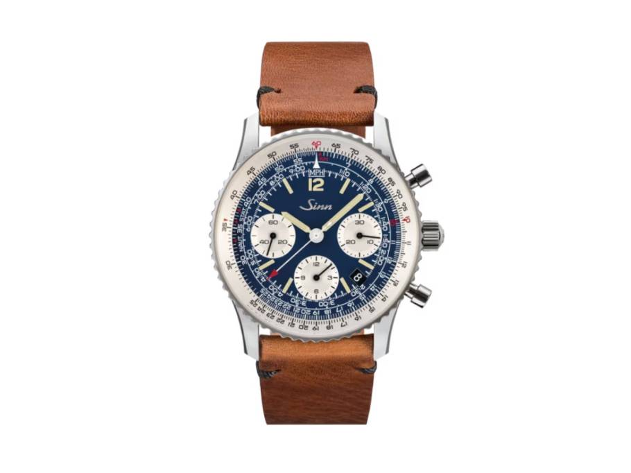 903 St II BE Navigationschronograph Automatik Edelstahl 41mm blaues Zifferblatt braunes Vintage-Lederband