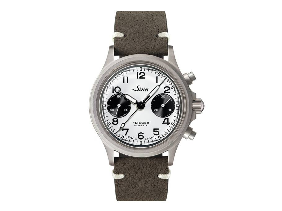 356 FLIEGER Klassik W Chronograph Automatik Edelstahl 38,5mm weißes Zifferblatt graues Lederband