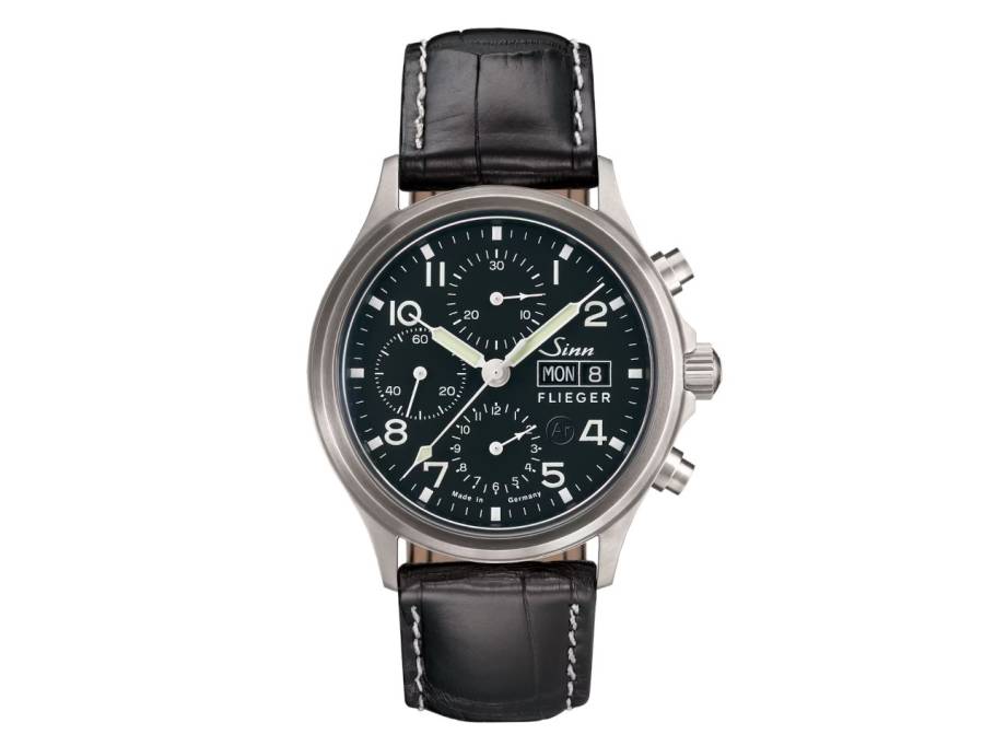 358 Sa Flieger B E Klassischer Chronograph schwarzes Zifferblatt schwarzes Rindslederband