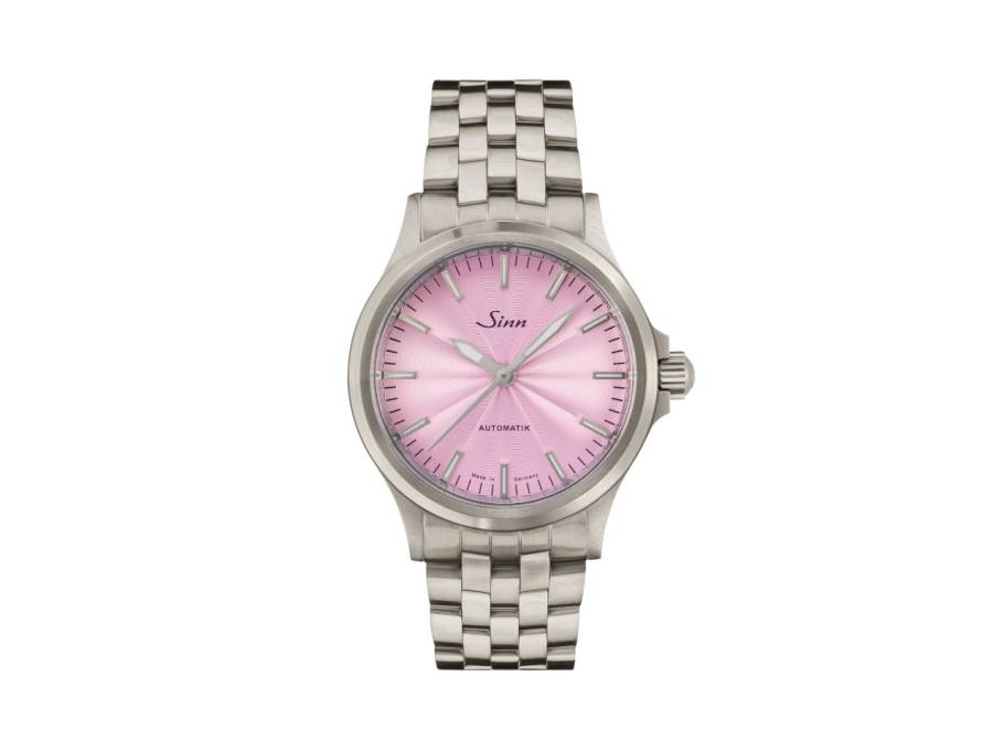 556 Malve Automatik Edelstahl 38,5mm rosa Zifferblatt Metallband limitiert