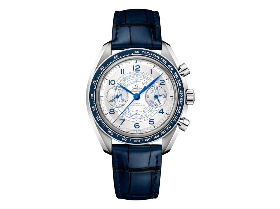 Speedmaster Chronoscope Handaufzug Edelstahl 43mm silbernes Zifferblatt blaues Lederband