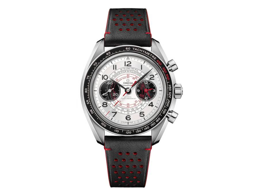 Speedmaster Chronoscope Handaufzug Edelstahl 43mm silbernes Zifferblatt schwarzes Lederband