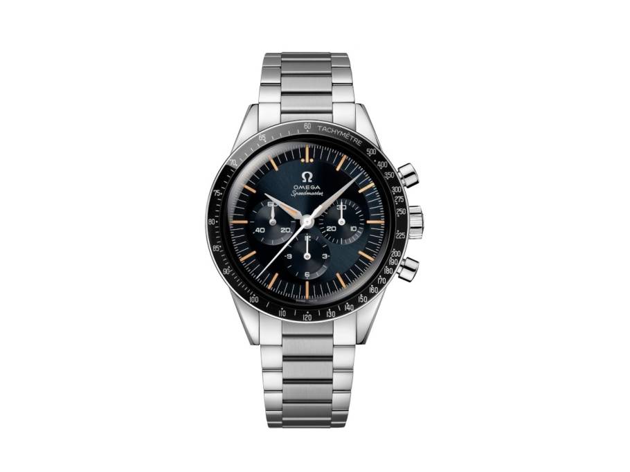 Speedmaster "First Omega in Space" Chronograph Handaufzug Edelstahl 39mm blaues Zifferblatt Metallband