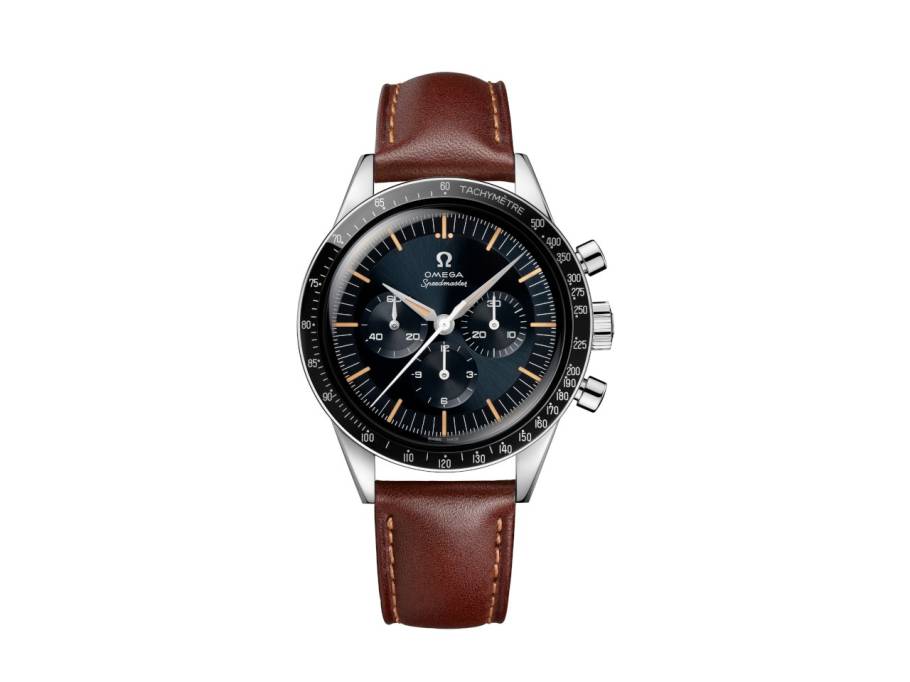 Speedmaster "First Omega in Space" Chronograph Handaufzug Edelstahl 39mm blaues Zifferblatt braunes Lederband