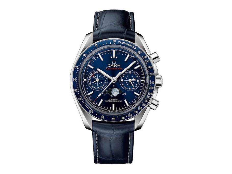 Speedmaster Mondphase Automatik Edelstahl 44mm blaues Zifferblatt blaues Lederband