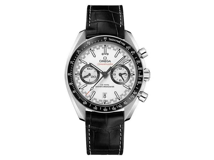 Speedmaster Racing Automatik Edelstahl 44mm weißes Zifferblatt schwarzes Lederband