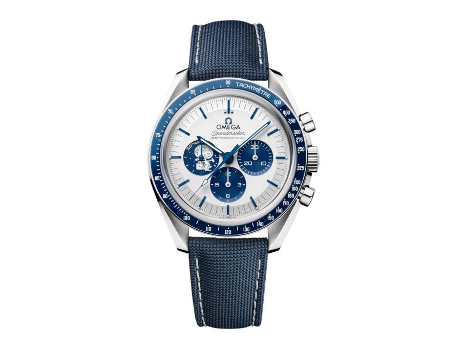 Speedmaster Chronograph "Silver Snoopy Award" Handaufzug Edelstahl 42mm blau-weißes Zifferblatt blaues Textilband