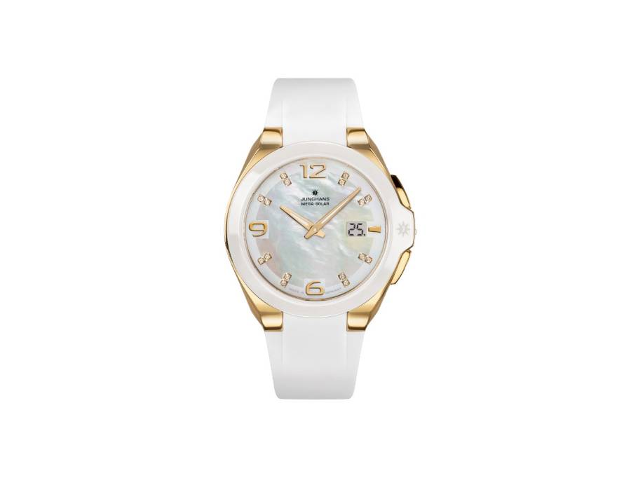 Spektrum Damen Solaruhr Edelstahl PVD-Gelbgold und Keramik 35,6mm Perlmutt-Zifferblatt weißes Kautschukband