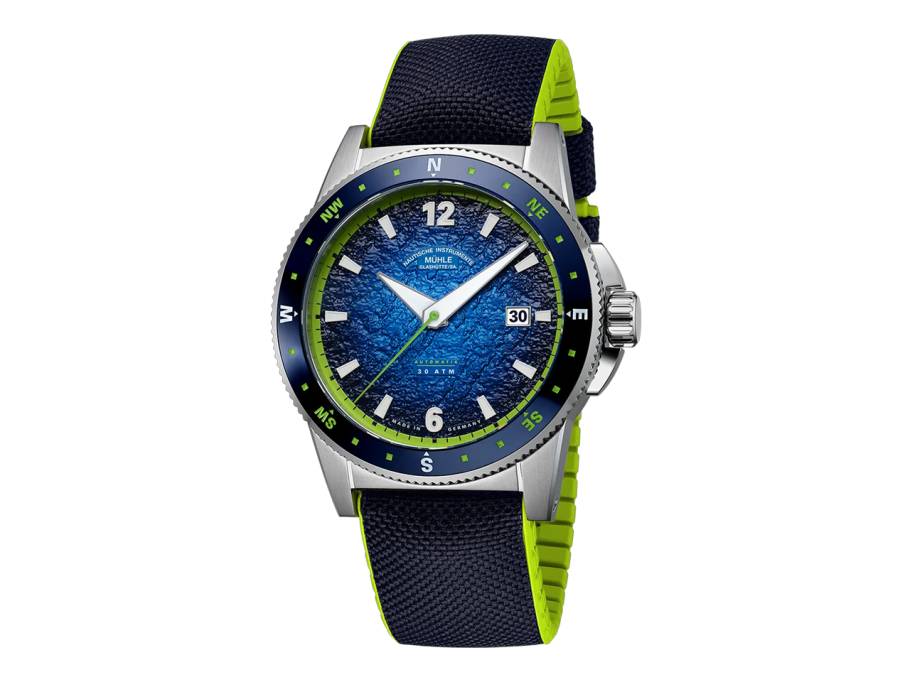 Sportivo Compass Datum Automatik Edelstahl 42,5mm blaues Zifferblatt blaues Leder-Kautschukband
