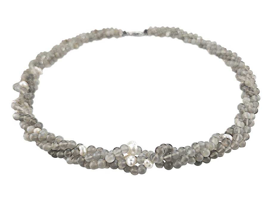 Collier aus grauen Mondsteinen mit weißen Perlen 52cm