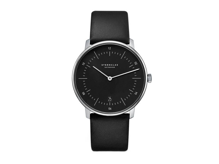 Naos Quarz Edelstahl 38mm schwarzes Zifferblatt schwarzes Lederband 
