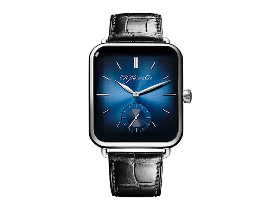 H. Moser Swiss Alp Watch Small Second Blau Fumé Handaufzug Weißgold 38x44mm blaues Zifferblatt schwarzes Lederband