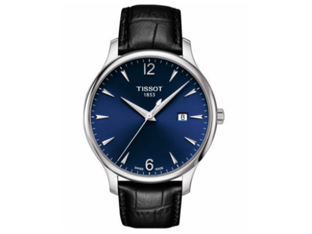 Tradition Gent Herrenuhr Edelstahl blau Lederband