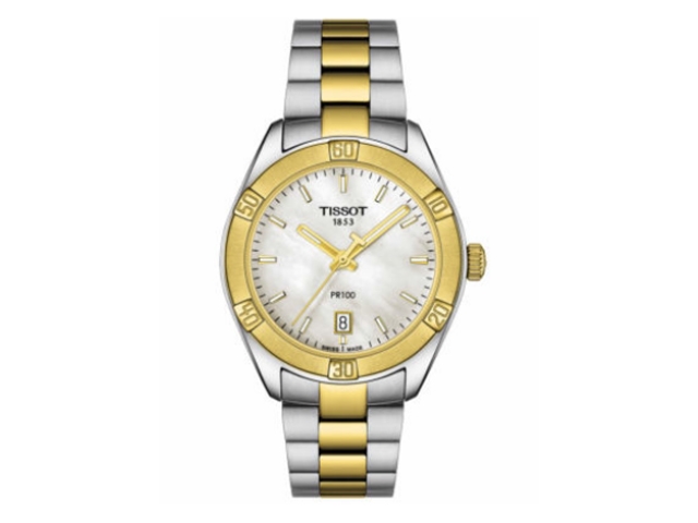 PR 100 Lady Sport Chic PVD gelbgold Edelstahl Perlmutt Metallband