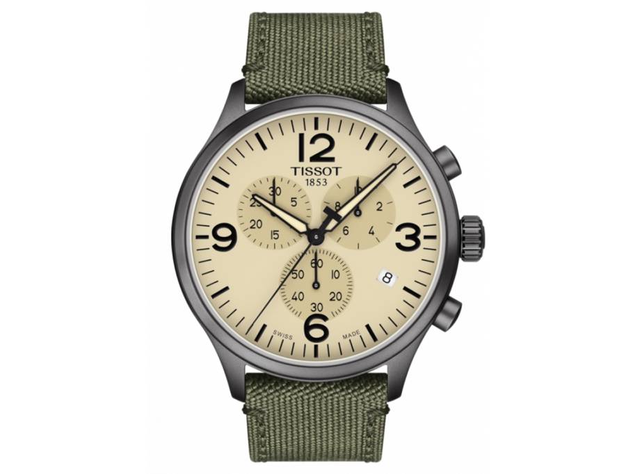 Chrono XL Quarz Edelstahl beige Textilband PVD grau