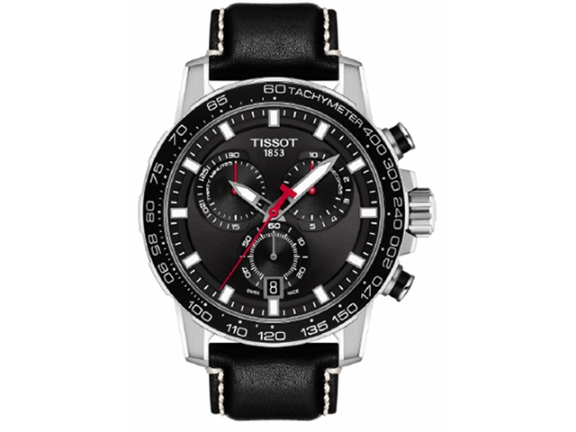 Supersport Quarz Chronograph Edelstahl schwarzes Zifferblatt schwarzes Lederband