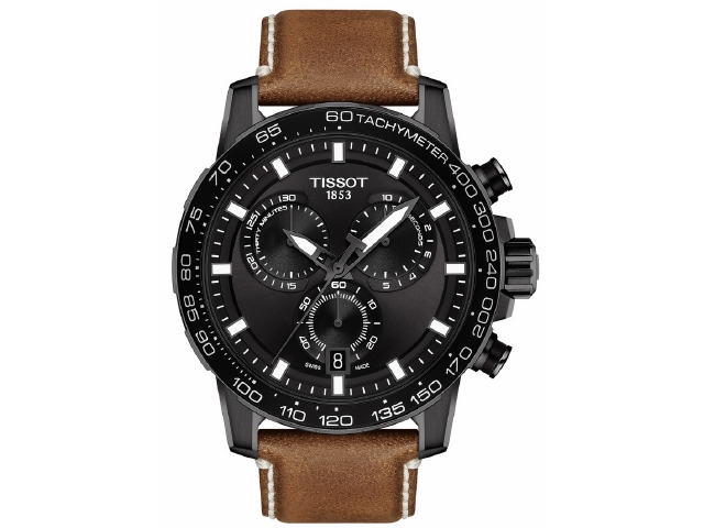 Supersport Quarz Chronograph Edelstahl schwarz schwarzes Zifferblatt braunes Lederband