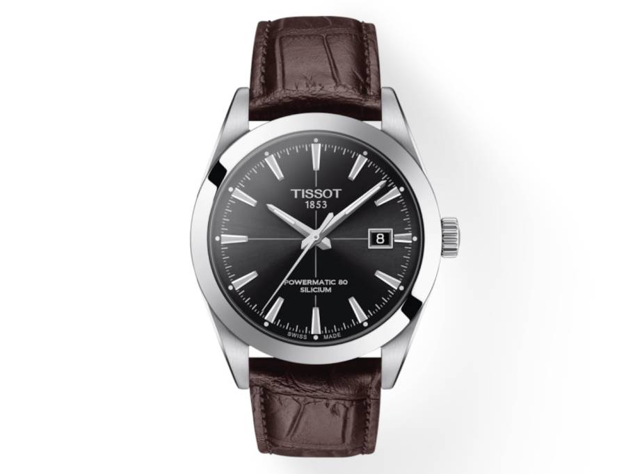 Gentleman Powermatic 80 Silicium Edelstahl Zifferblatt schwarz Lederband braun