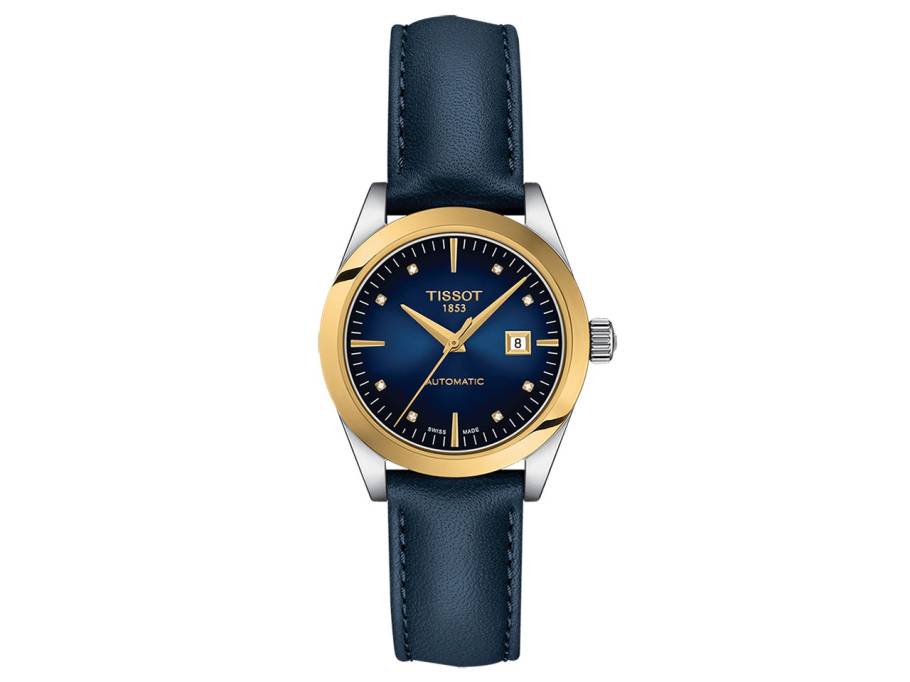 T-My Lady Damenuhr Automatic Edelstahl und Gelbgold blaues Zifferblatt blaues Lederband mit Diamanten 