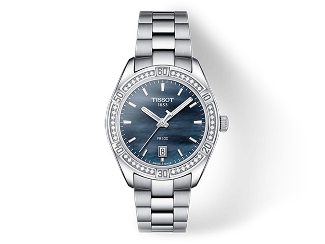 PR 100 Lady Sport Chic Edelstahl Perlmutt Diamanten Metallband