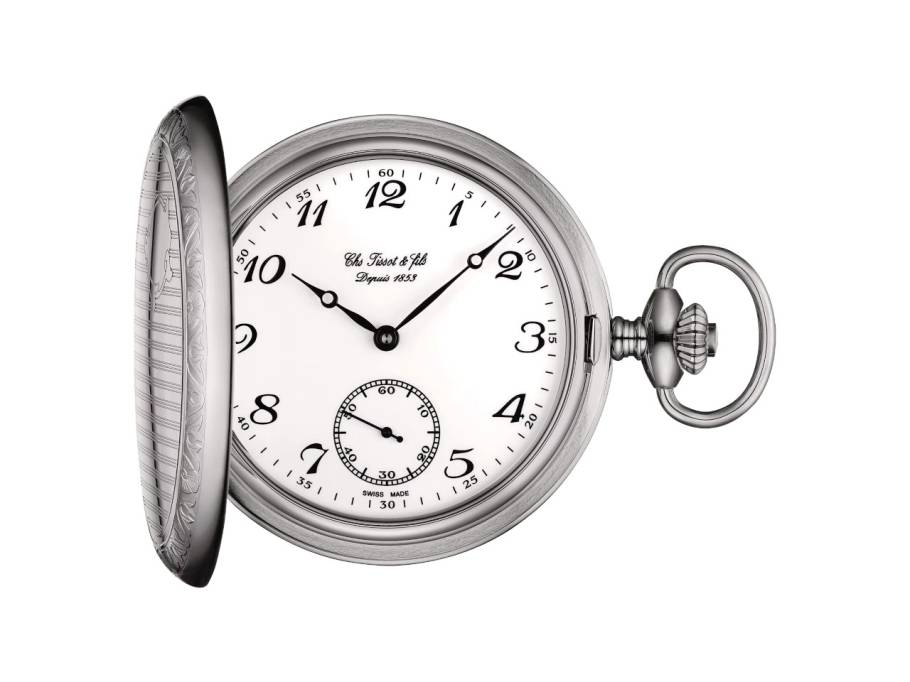 T-Pocket Taschenuhr Savonnette Handaufzug Edelstahl 49mm weißes Zifferblatt