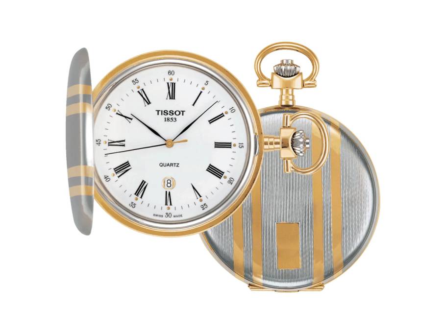 T-Pocket Taschenuhr Savonnette Quarz Messing bicolor 48,5mm weißes Zifferblatt