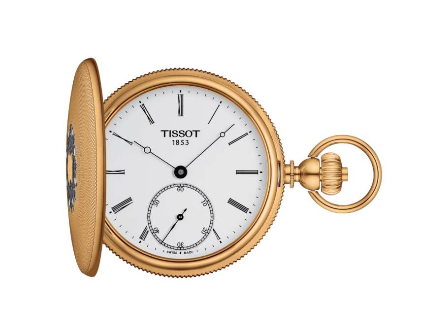 T-Pocket Taschenuhr Savonnette Handaufzug Edelstahl gelbgold beschichtet 48,5mm weißes Zifferblatt
