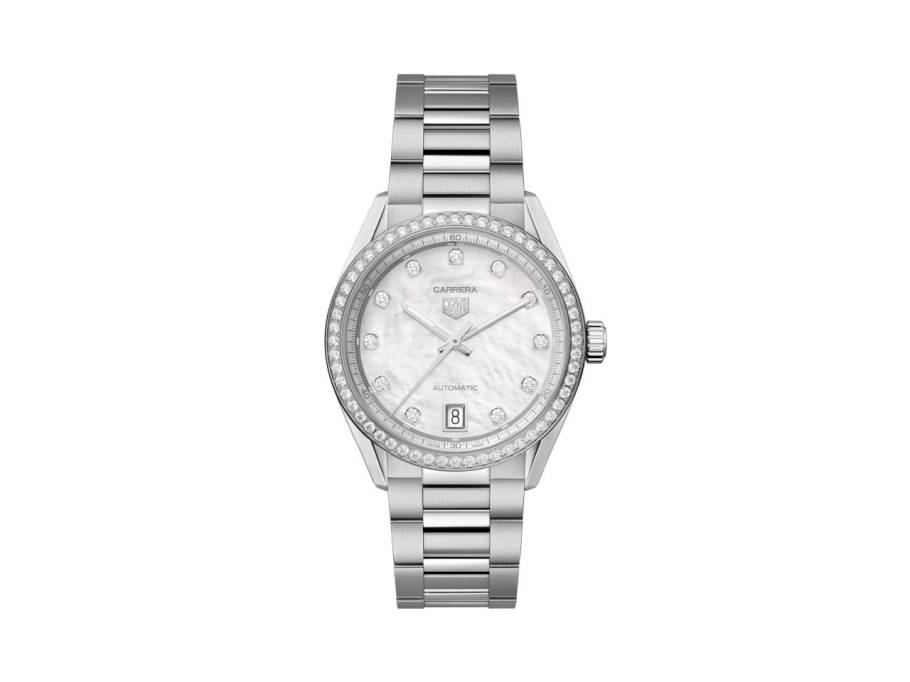 Carrera Date Automatik Edelstahl 36mm weißes Perlmutt-Zifferblatt mit Brillanten Metallband