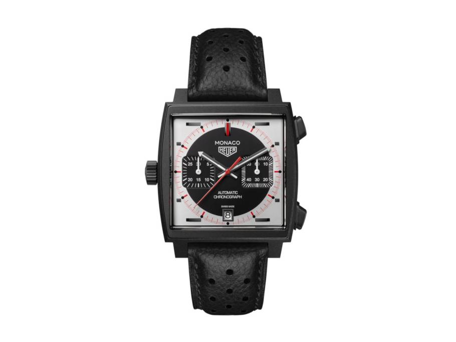 Monaco Chronograph Stopwatch Automatik Titan 39mm silberfarbenes Zifferblatt schwarzes Lederband