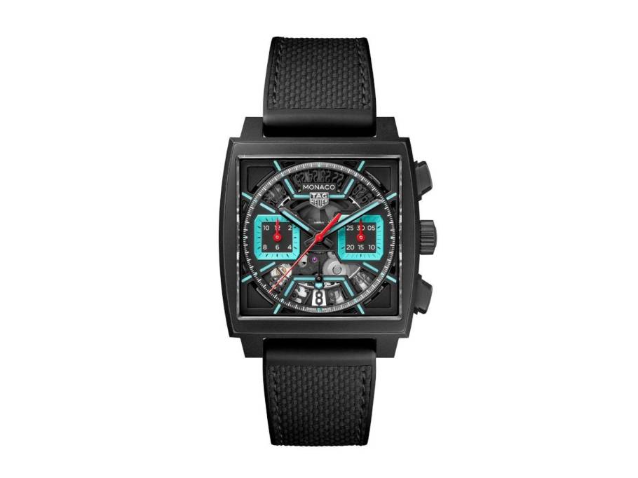 Monaco Chronograph Automatik Titan 39mm skelettiertes Zifferblatt schwarzes Kautschuk-Lederband