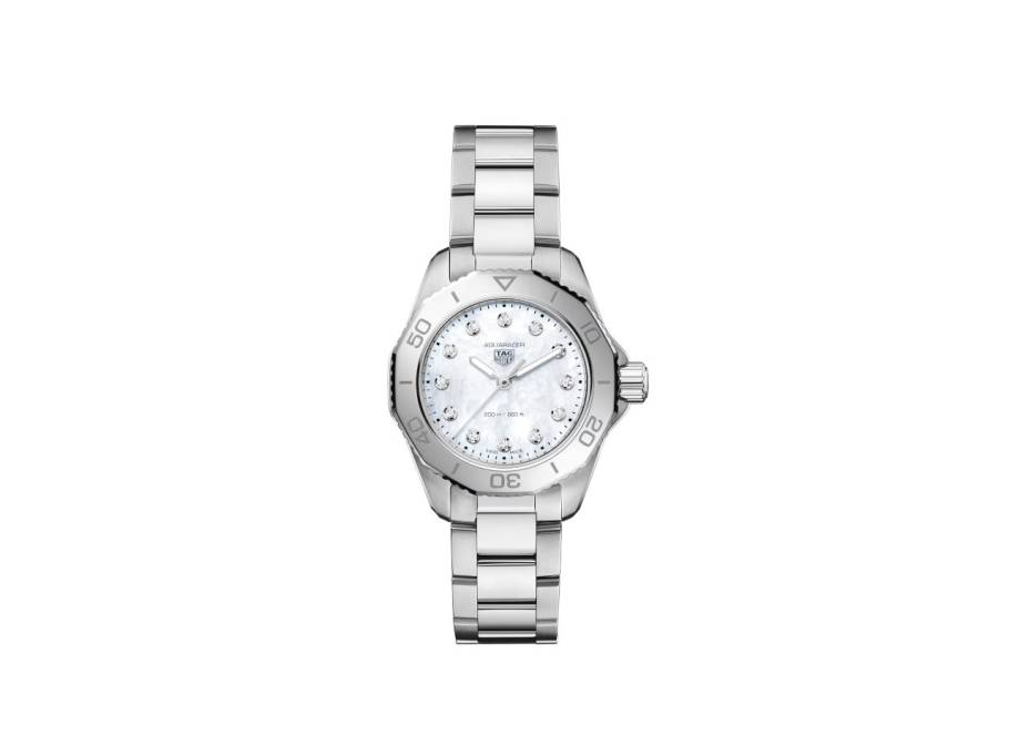 Aquaracer Professional 200 Quarz Edelstahl 30mm weißes Perlmutt-Zifferblatt mit Brillanten Metallband