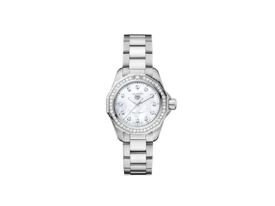 Aquaracer Professional 200 Quarz Edelstahl 30mm weißes Perlmutt-Zifferblatt mit Brillanten Metallband