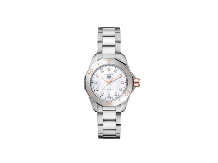 Aquaracer Professional 200 Quarz Edelstahl 30mm weißes Perlmutt-Zifferblatt mit Brillanten Metallband