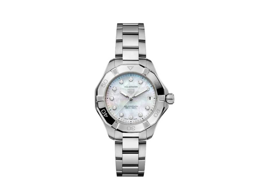 Aquaracer Professional 200 Solargraph Quarz Edelstahl 34mm weißes Perlmutt-Zifferblatt mit Brillanten Metallband