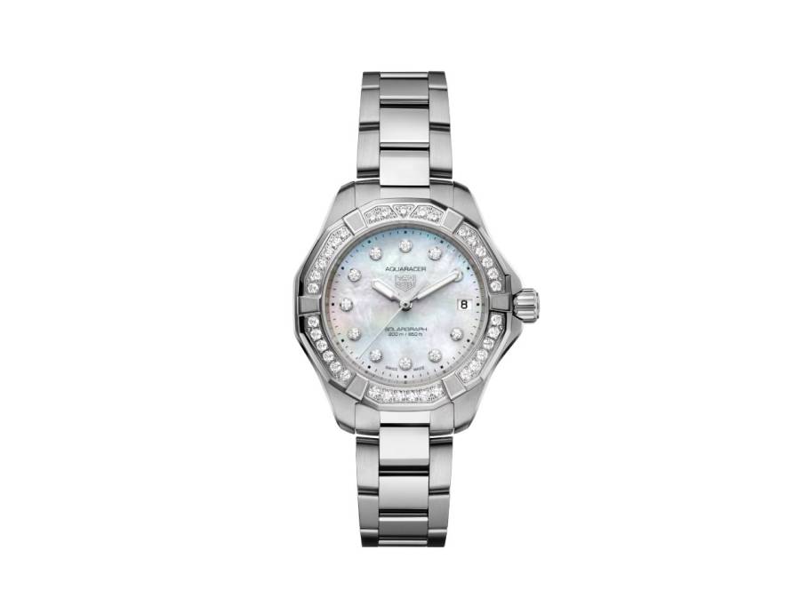 Aquaracer Professional 200 Solargraph Quarz Edelstahl 34mm weißes Perlmutt-Zifferblatt mit Brillanten Metallband