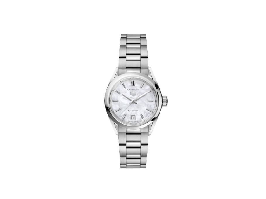 Carrera Date Automatik Edelstahl 29mm weißes Perlmutt-Zifferblatt Metallband