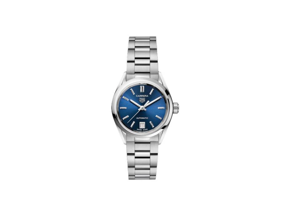 Carrera Date Automatik Edelstahl 29mm blaues Zifferblatt Metallband