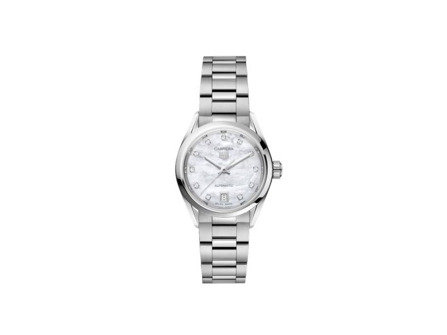Carrera Date Automatik Edelstahl 29mm weißes Perlmutt-Zifferblatt mit Brillanten Metallband