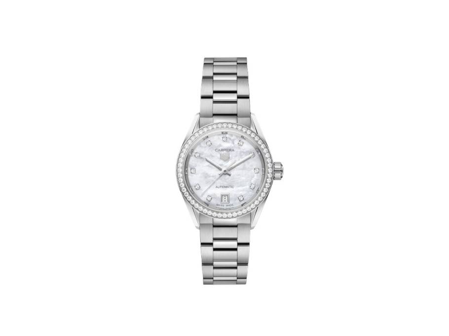 Carrera Date Automatik Edelstahl 29mm weißes Perlmutt-Zifferblatt mit Brillanten Metallband