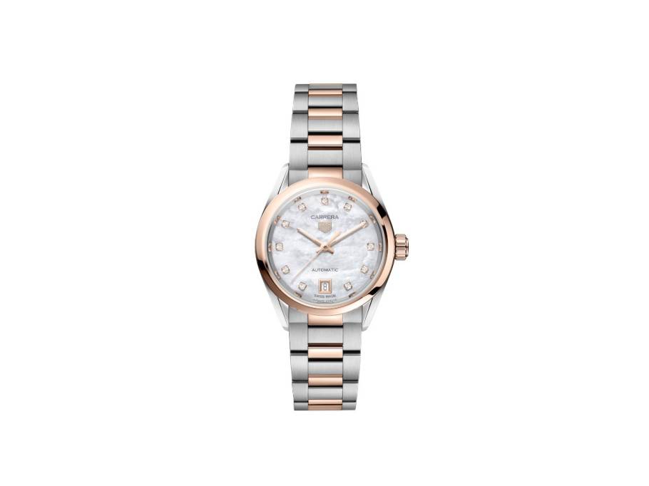 Carrera Date Automatik Edelstahl 29mm weißes Perlmutt-Zifferblatt zweifarbiges Metallband
