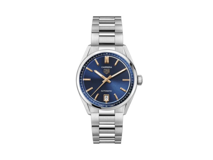 Carrera Date Automatik Edelstahl 36mm blaues Zifferblatt Metallband
