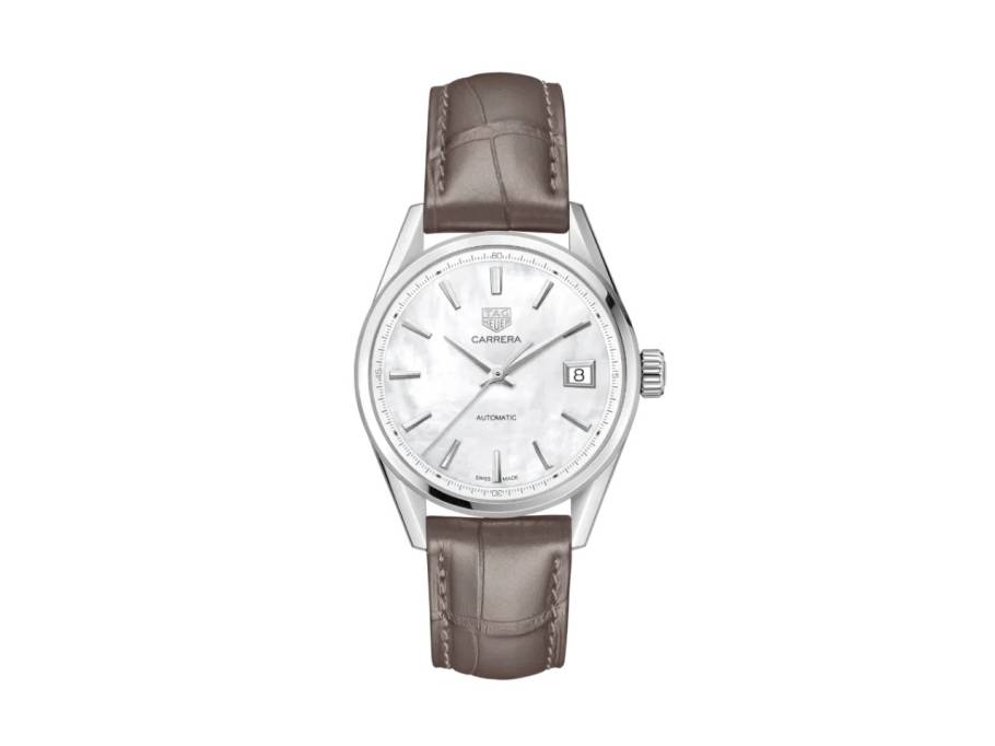Carrera Lady Automatik Edelstahl 36mm weißes Perlmutt-Zifferblatt braunes Lederband
