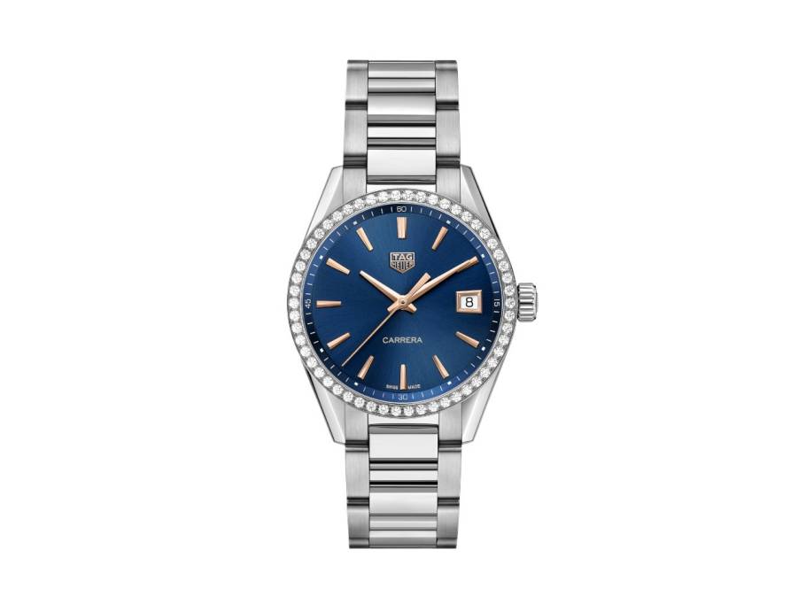 Carrera Lady Quarz Edelstahl 36mm blaues Zifferblatt Metallband Diamantlünette