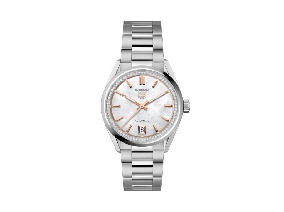Carrera Date Automatik Edelstahl 36mm weißes Perlmutt-Zifferblatt mit Brillanten Metallband