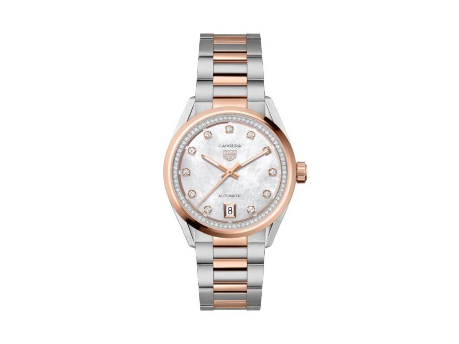 Carrera Date Automatik Edelstahl 36mm weißes Perlmutt-Zifferblatt mit Brillanten zweifarbiges Metallband
