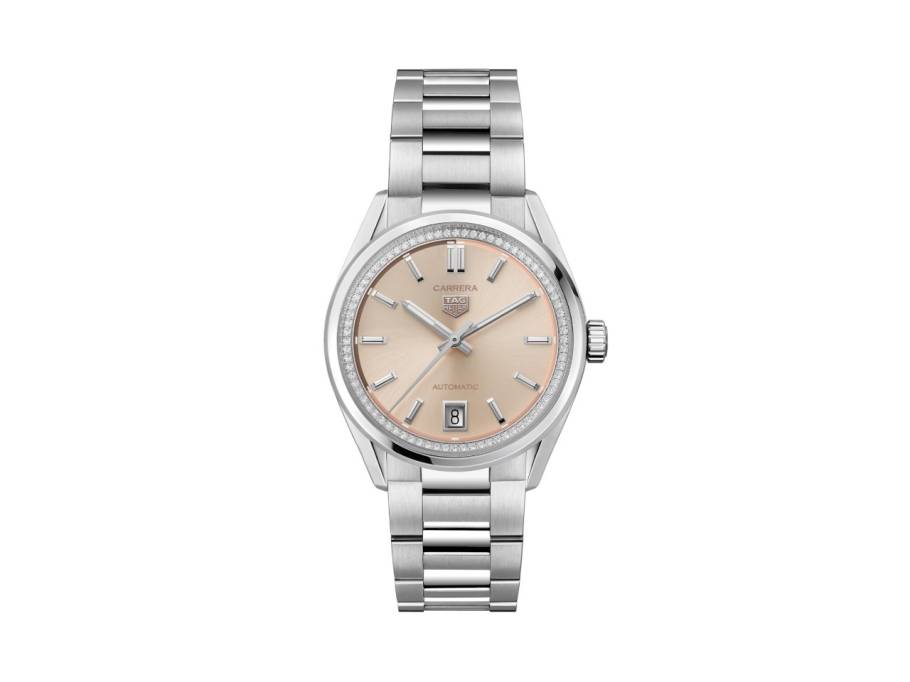 Carrera Date Automatik Edelstahl 36mm pfirsichfarbenes Zifferblatt mit Brillanten Metallband