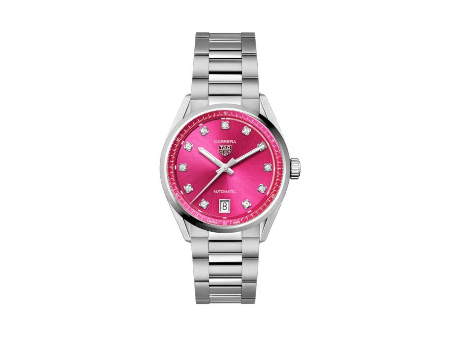 Carrera Date Automatik Edelstahl 36mm pinkes Zifferblatt mit Brillanten Metallband
