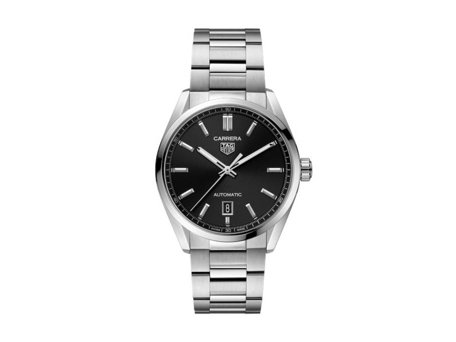 Carrera Date Automatik Edelstahl 39mm schwarzes Zifferblatt Metallband