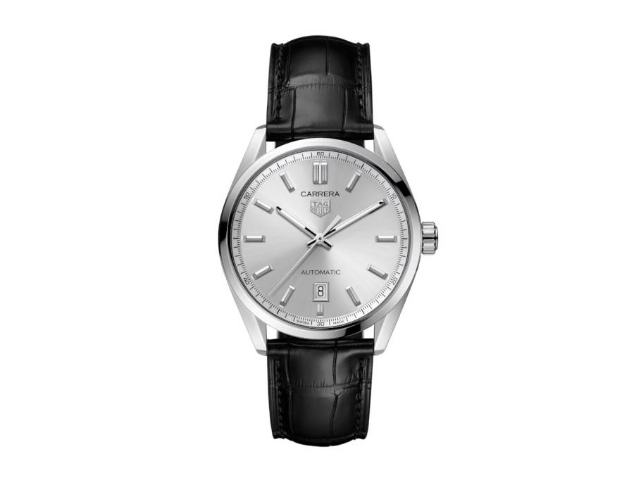 Carrera Date Automatik Edelstahl 39mm silbernes Zifferblatt schwarzes Lederband
